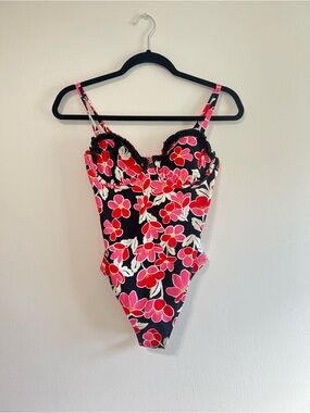 VENUS Black One-Piece Swimsuit with Pink & Red Floral Print